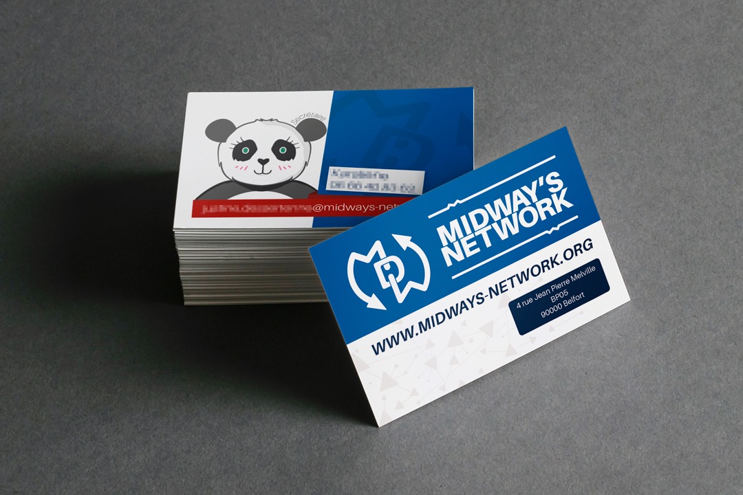 Cartes de visites pour Midway's Network association à but non lucratif et fournisseur d'accès internet neutre créé par le rat et l'ours graphiste.